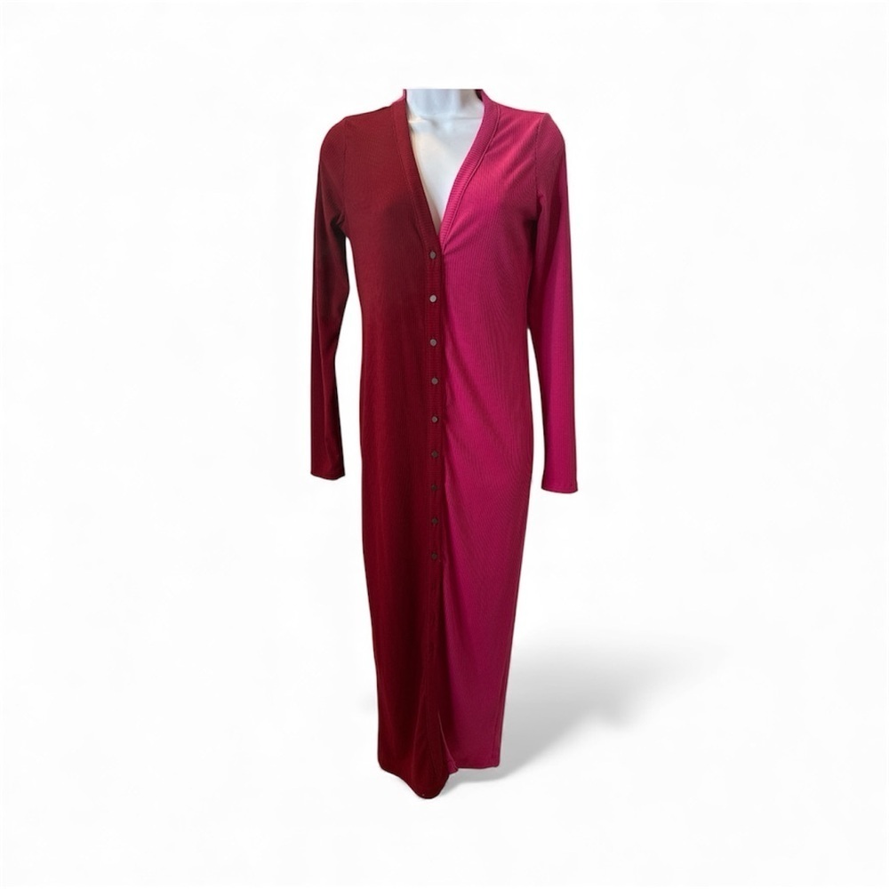 Renee C. Long Sleeve Red &  Pink color block cardigan midi Dress